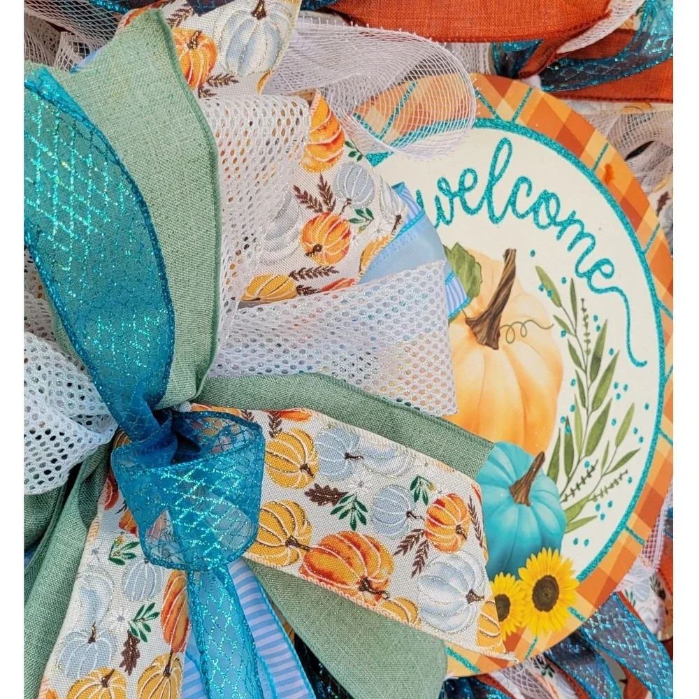 Fall Sparkle Welcome Pumpkin Wreath Slim Pancake Front Door Decor Teal Orange